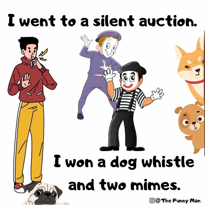 Funny comic based on puns showing a silent auction with a dog whistle and two mimes as a visual joke.