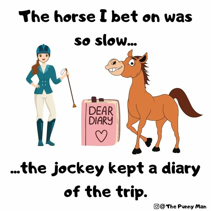 Funny comic pun featuring a slow horse, a jockey, and a diary, showcasing bad but good pun art by the artist.