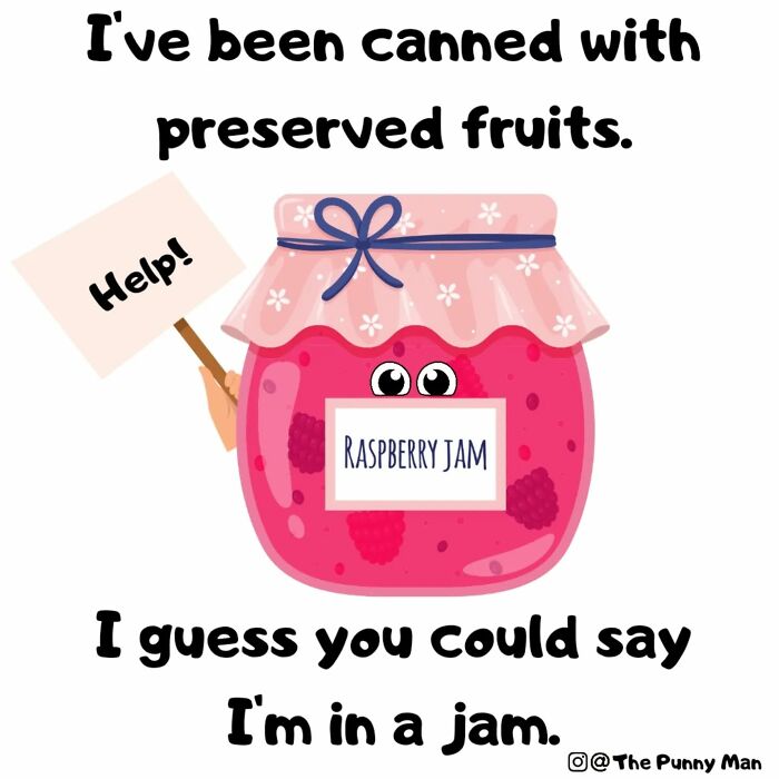 Funny pun comic showing a jar of raspberry jam with eyes holding a help sign, illustrating a bad but funny pun joke.