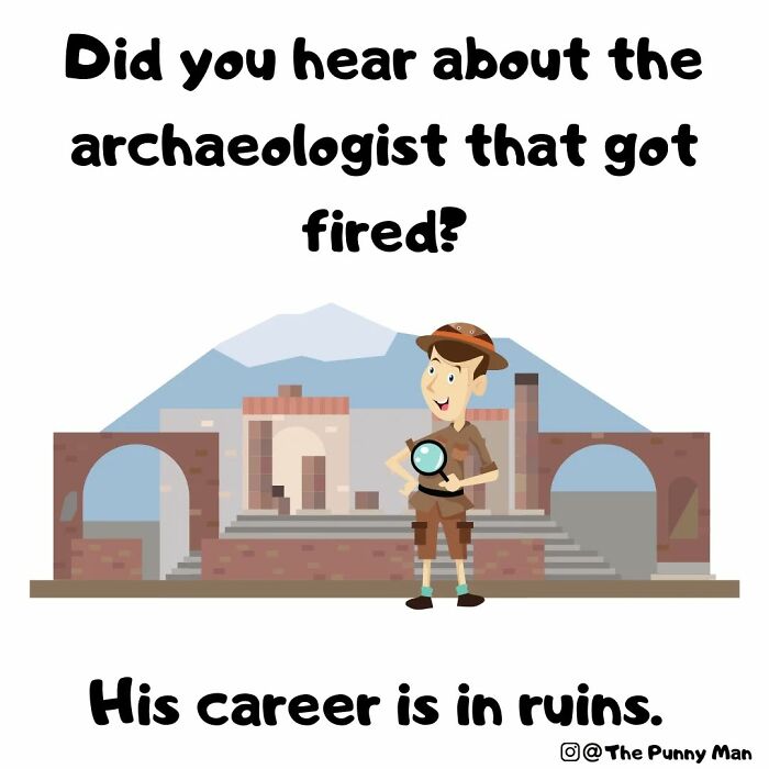 Cartoon of an archaeologist with a magnifying glass and ruins, illustrating funny comics based on puns.