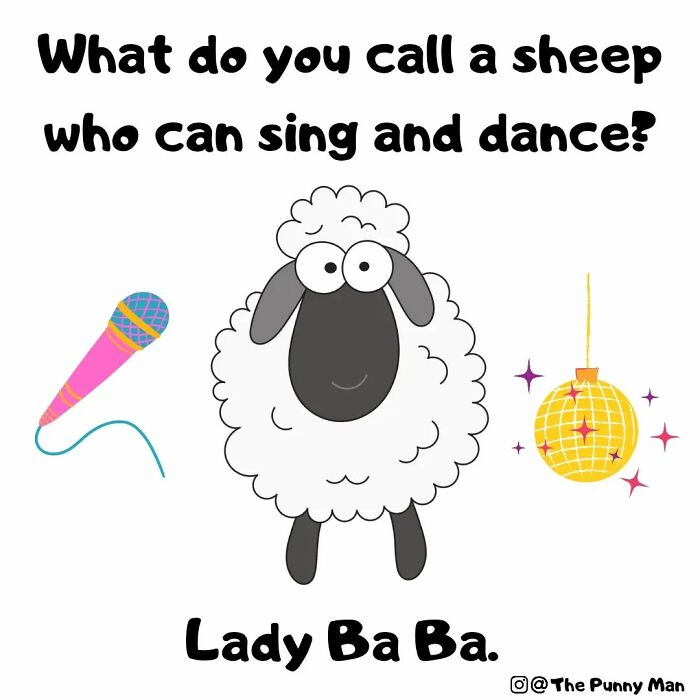 Funny pun comic featuring a singing and dancing sheep called Lady Ba Ba with a microphone and disco ball.