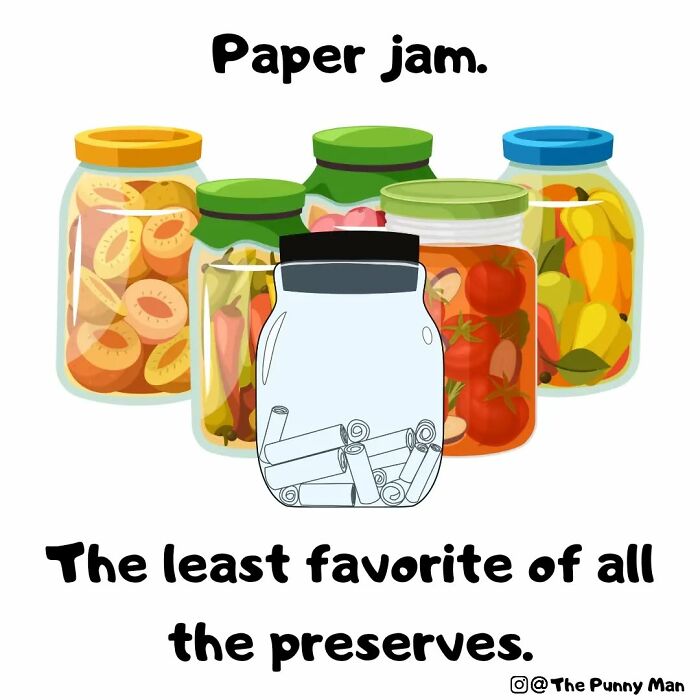 Funny comic pun showing jars of preserves with one jar labeled paper jam containing rolled papers, illustrating a bad but good pun.