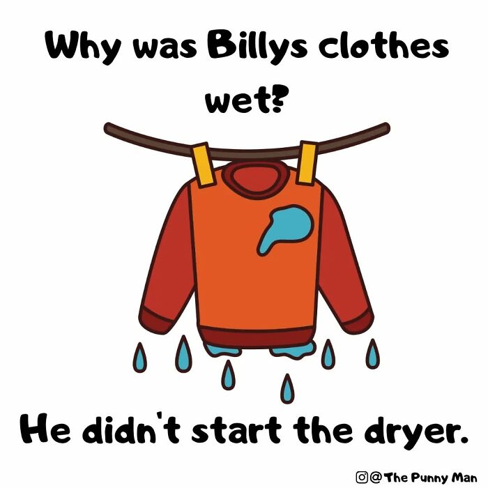 Cartoon of a wet sweater hanging on a line with a pun about clothes and a dryer in funny comics based on puns.