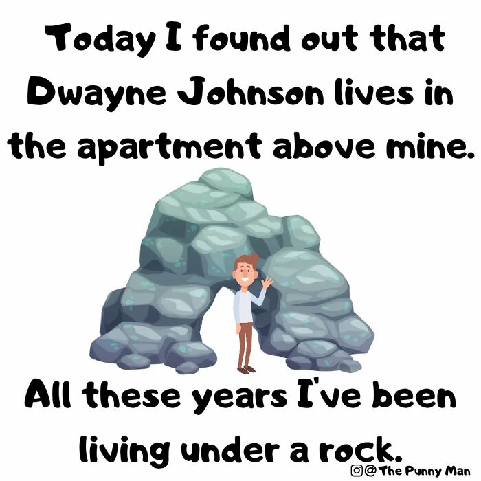 Funny comic pun illustrating the phrase living under a rock with a man standing inside a rock formation cartoon style.