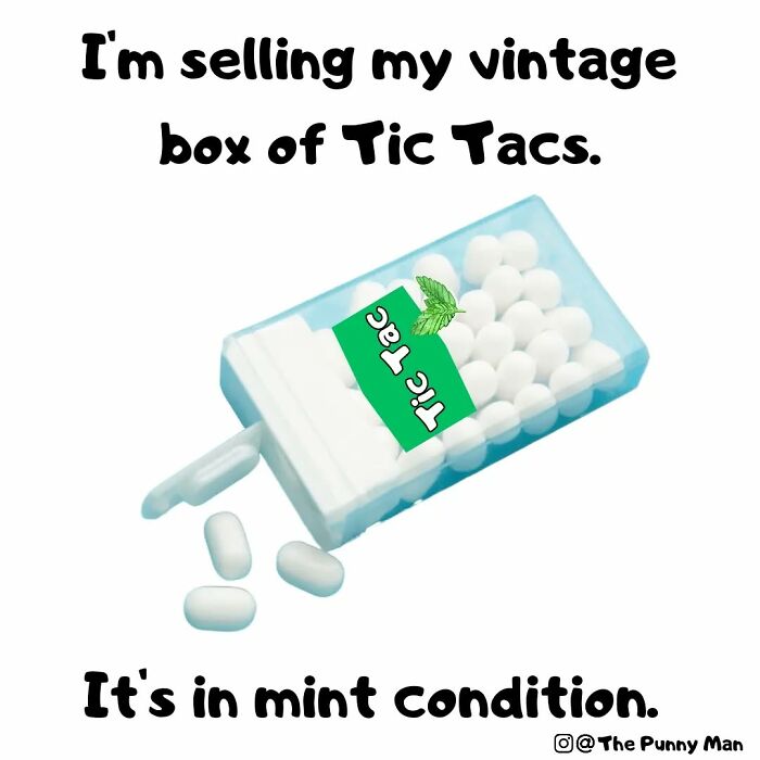 Funny comic about a vintage box of Tic Tacs in mint condition, showcasing clever puns by the artist.