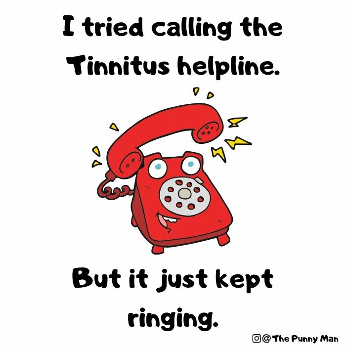 Red cartoon rotary phone with eyes ringing, illustrating a funny pun comic about tinnitus helpline calls.