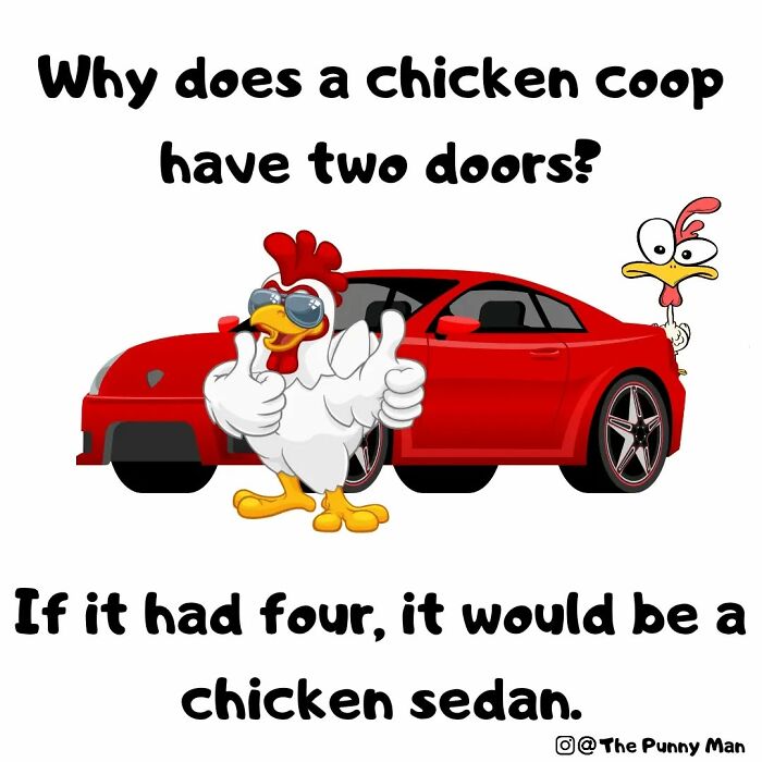 Funny comic pun about a chicken coop with two doors and a chicken sedan next to a red car.