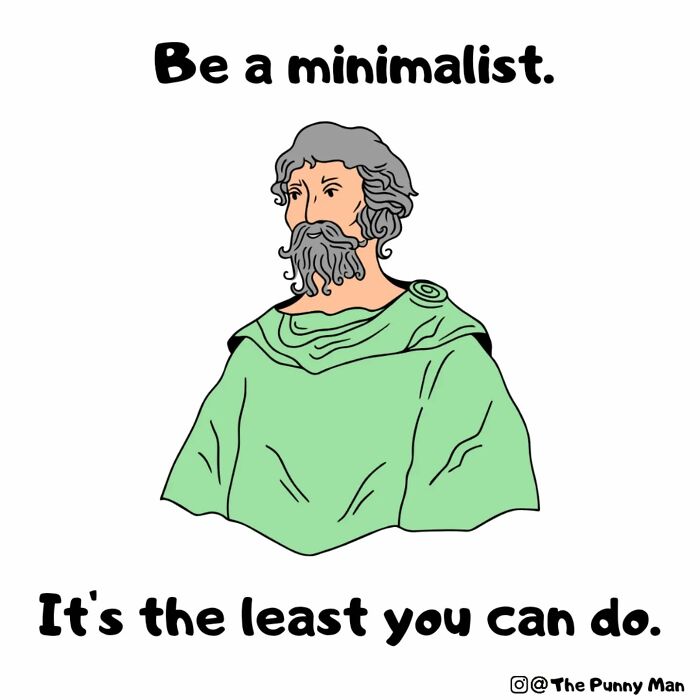 Minimalist comic illustration showing a bearded figure with funny pun caption, part of 44 funny comics based on puns.