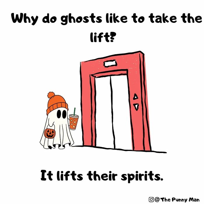 Funny comic pun showing a ghost wearing a hat and holding a drink by a red elevator with a joke about lifting spirits.