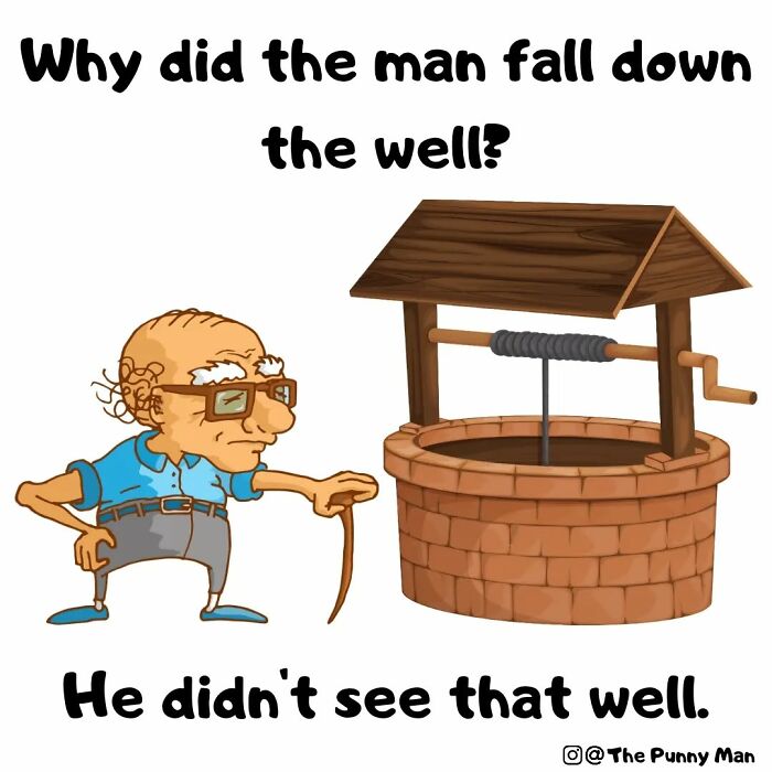 Old man with a cane next to a well in a funny pun comic, highlighting the humor in bad but good puns.