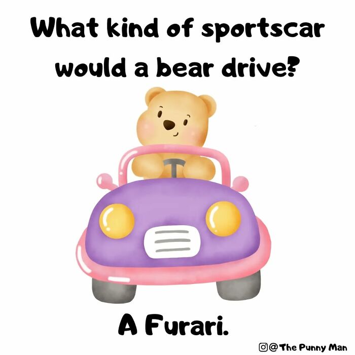 Cute bear driving a purple sportscar pun comic illustrating funny comics based on puns and jokes.