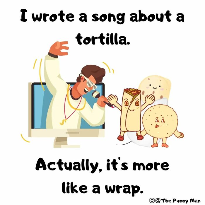 Funny pun comic with a rapper singing about tortillas and wraps, featuring cute tortilla characters and wordplay humor.