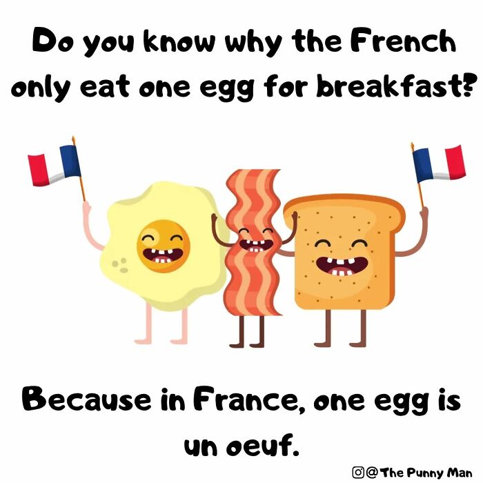 Funny comics based on puns showing a smiling egg, bacon, and toast holding French flags with a breakfast joke.