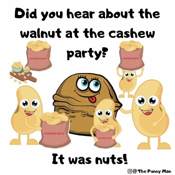 Funny comics based on puns featuring animated nuts with a walnut and cashew having a playful party joke.