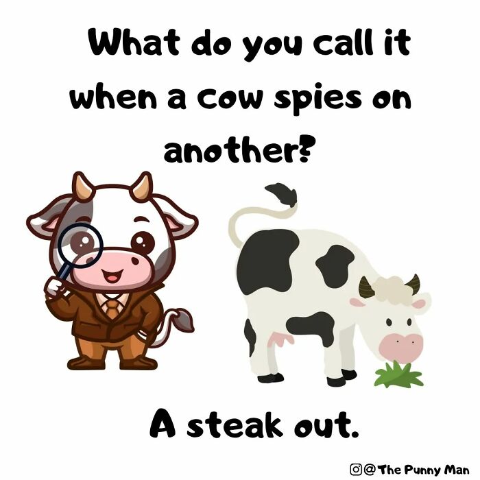 Funny comic pun featuring a cow spying on another, showcasing a clever steak out joke by the artist.