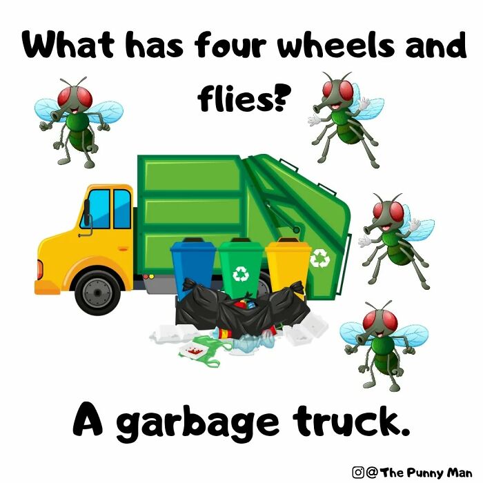 Funny comic pun showing a garbage truck with four wheels and flies, illustrating a bad but funny pun by an artist.