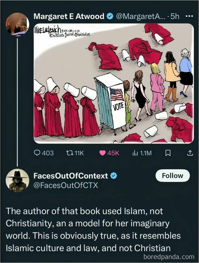 Tweet showing a political cartoon with a voting booth and handmaid costumes, highlighting online confusion cases.
