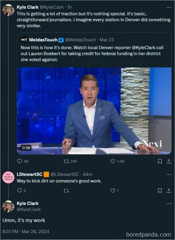 Tweet thread showing a news reporter clarifying mistaken identity, part of hilarious cases people online didn’t know who they spoke to.