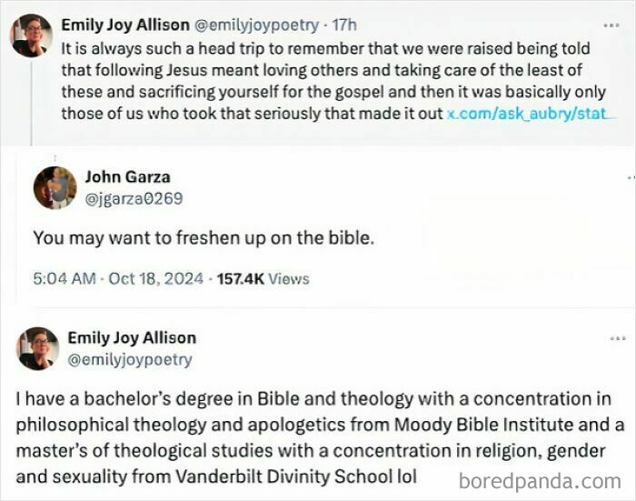 Online conversation where one person quickly questions another's Bible knowledge in a hilarious misunderstanding scenario