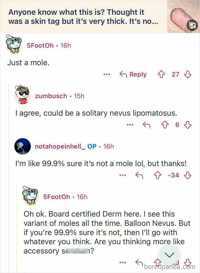 Online conversation where people didn’t know who they were speaking to about a skin condition resembling a mole.