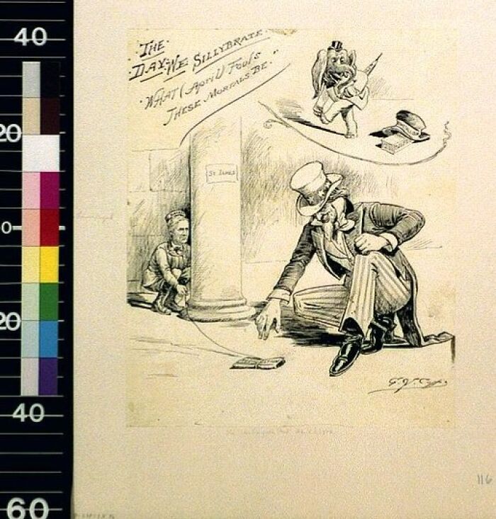 1800s cartoon showing a man playing with a toy and a child watching, illustrating how much the world has changed.