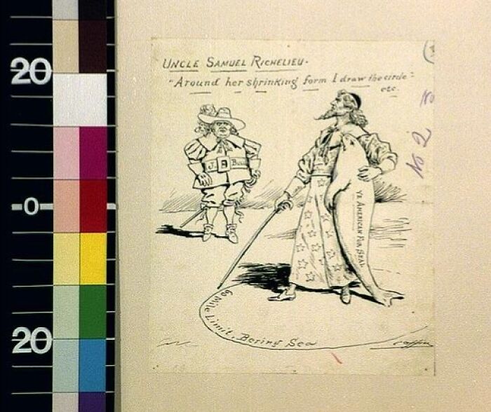 Black and white 1800s cartoon depicting Uncle Samuel and a woman with a fish, illustrating historical world change.