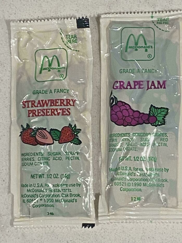 Vintage McDonald's strawberry preserves and grape jam packets, unusual first prize string beans found in old houses collection.