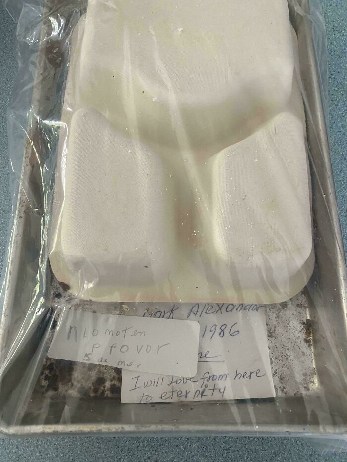Plastic-wrapped first prize string beans mold with handwritten notes found in an old house decades ago.
