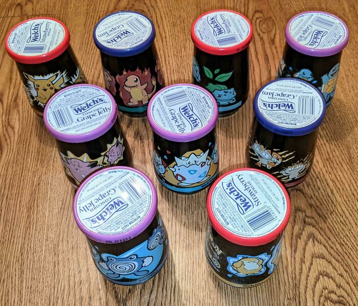 Vintage Welch’s jelly jars with Pokémon designs, a quirky find that fits the theme of bizarre things found in old houses.