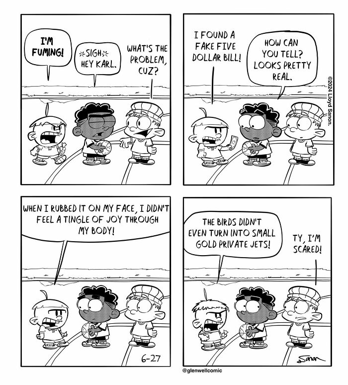 Black and white Glenwell comic strip showing kids discussing a fake five dollar bill with humorous dialogue.