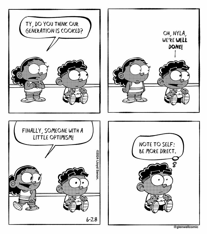 Black and white Glenwell comic strip featuring two kids discussing their generation with humor and optimism.