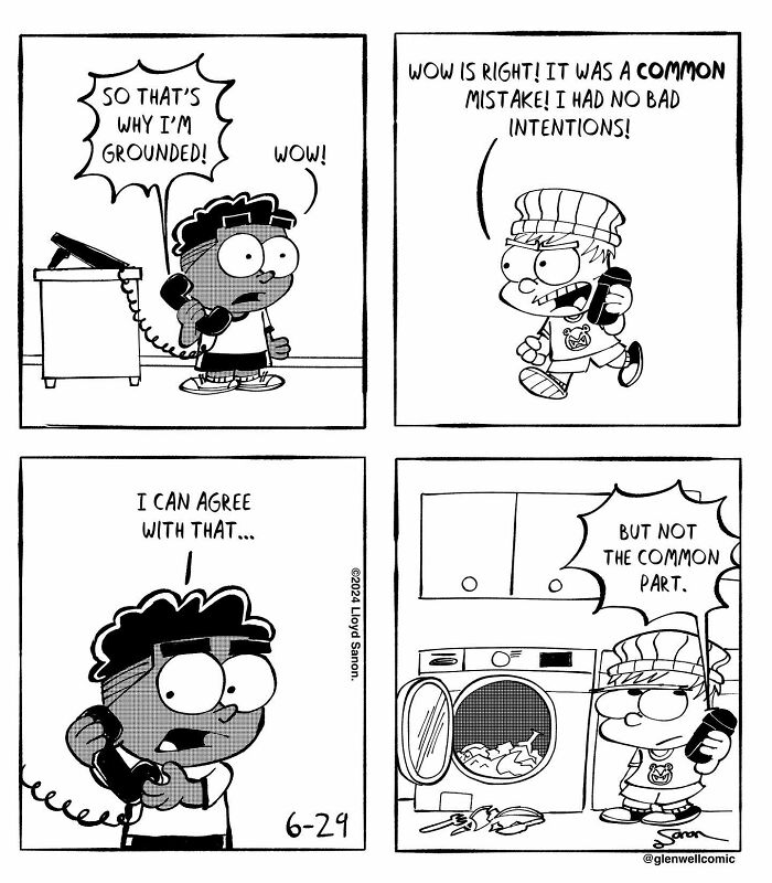 Black and white comic strip from Glenwell featuring two characters in a phone conversation about a common mistake.