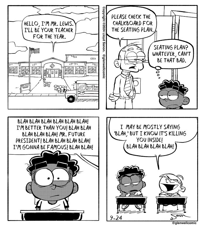 Comic strip from Glenwell showing a teacher and student with humorous dialogue about seating plans and talking nonstop.