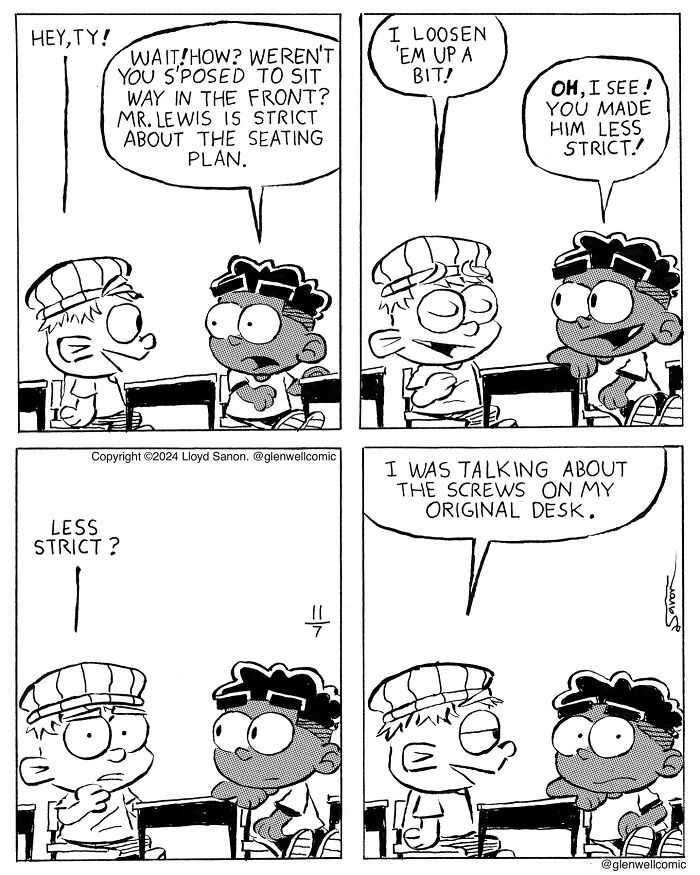 Comic strip from Glenwell featuring two characters humorously discussing strict seating rules and desk screws.