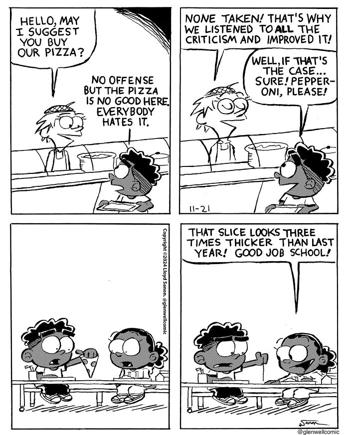 Black and white Glenwell comic strip featuring characters debating pizza quality and school improvements with humor.