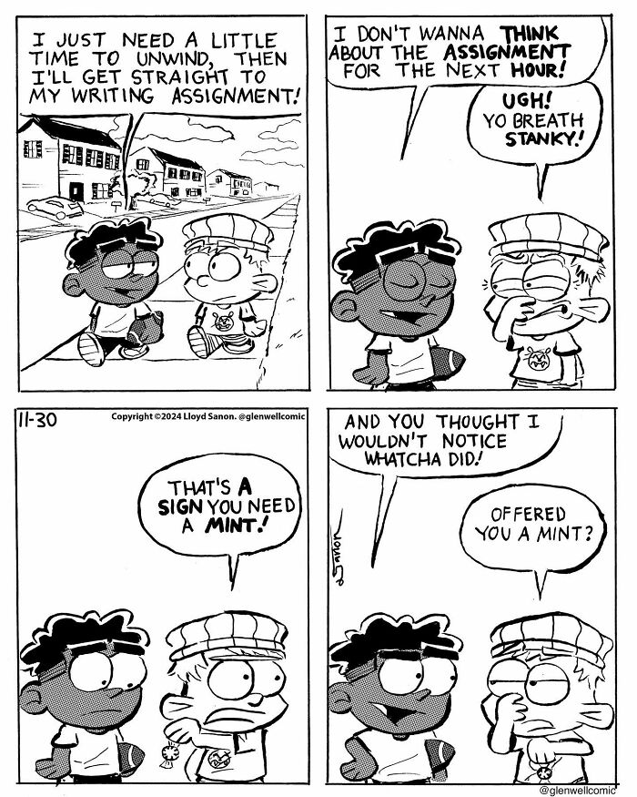 Black and white comic strip from Glenwell featuring two characters discussing a writing assignment and mint breath humor.