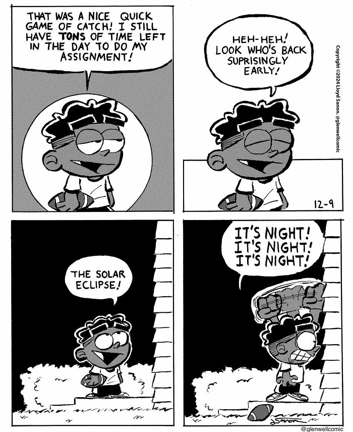 Comic strip from Glenwell featuring a character reacting to a solar eclipse with playful dialogue and expressions.
