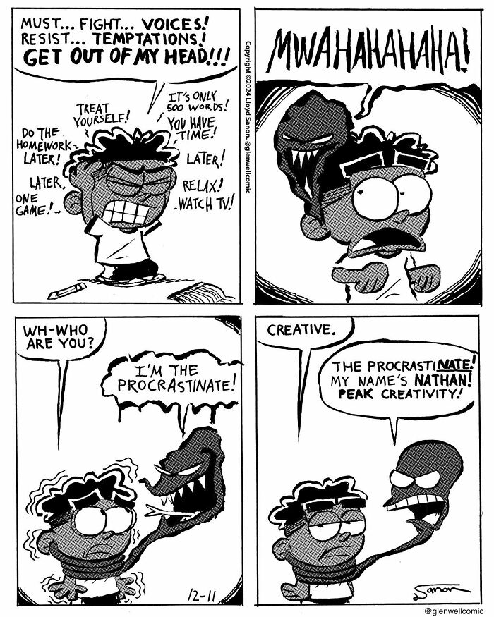Comic strip from Glenwell showing a character struggling with procrastination and creative conflicts in a humorous style.