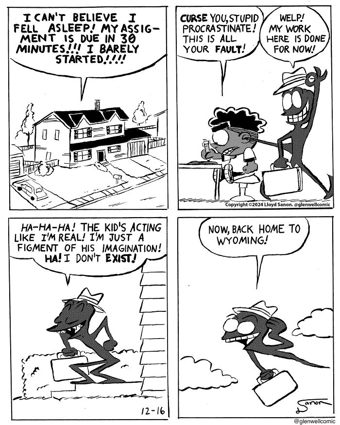 Black and white Glenwell comic strip featuring a quirky character and a procrastinating kid at a desk.