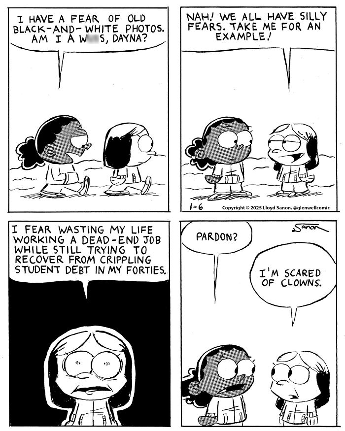 Black-and-white comic strip from Glenwell, featuring characters discussing fears with humor in a quirky, funny town setting.