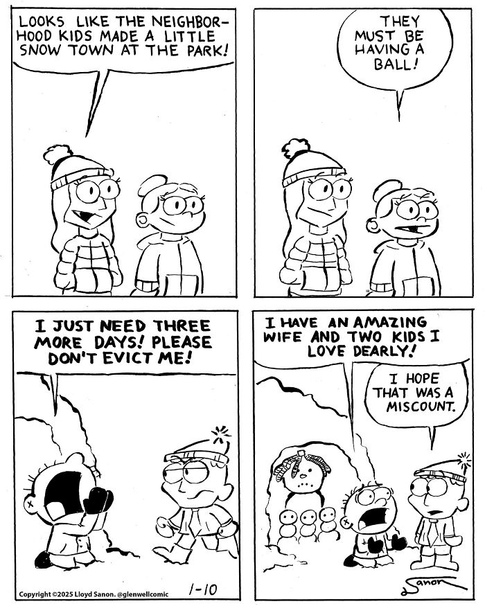 Comic strip from Glenwell featuring quirky characters in winter, showcasing the humor behind Glenwell's strange town life.
