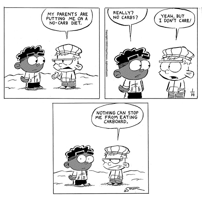 Comic strip by Glenwell artist, featuring humorous dialogue about a no-carb diet and eating cardboard in a small town setting.