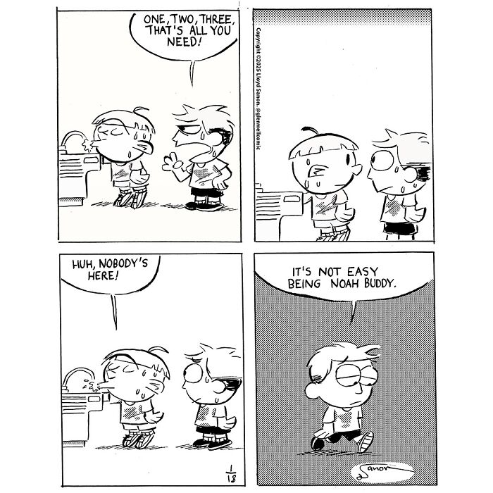 Black and white comic strip from Glenwell featuring characters in a humorous scene by the artist behind Glenwell.