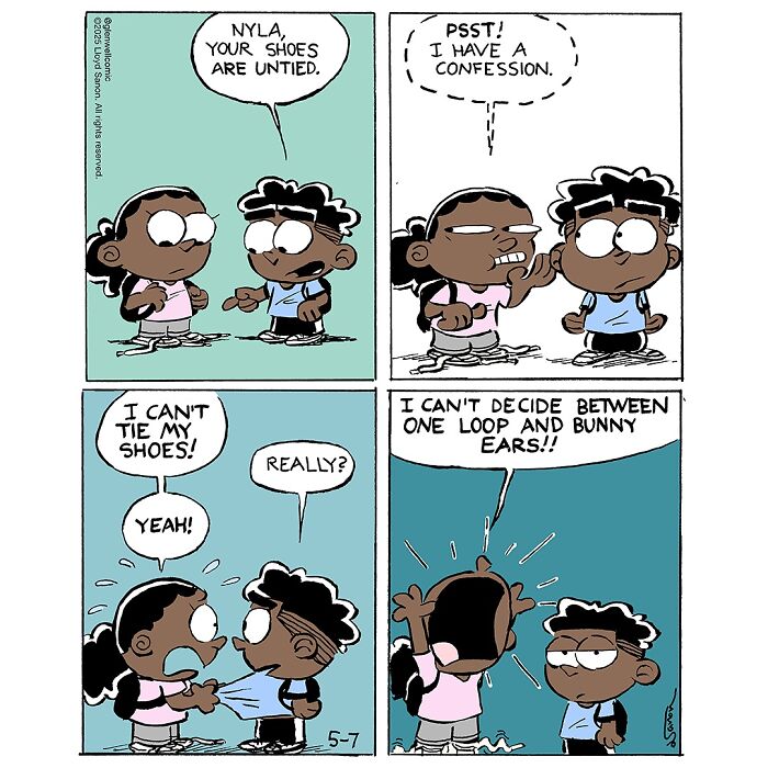 Comic strip from Glenwell showing characters discussing tied shoes, created by the artist behind the funniest and strangest town.
