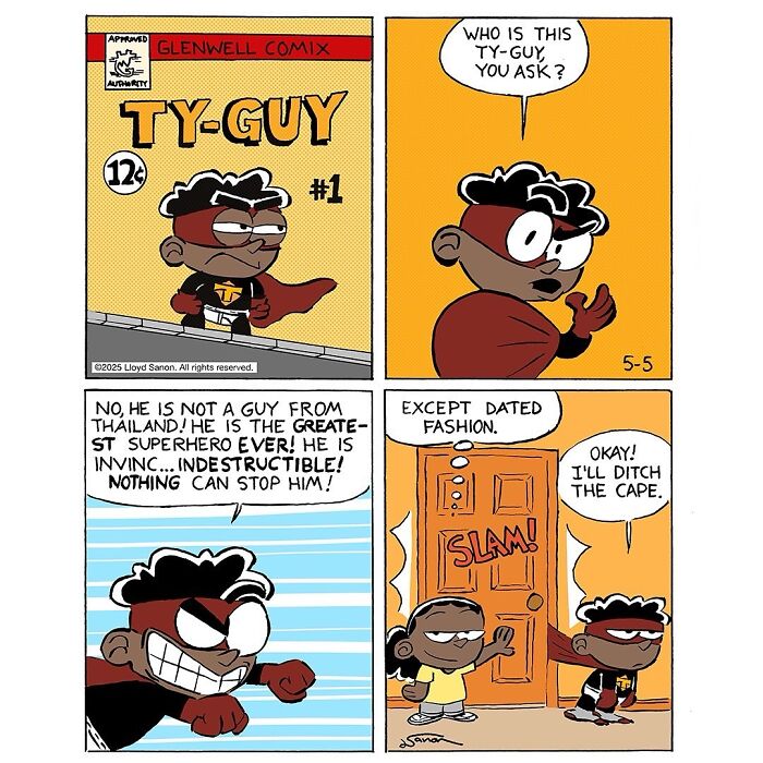Comic strip by Glenwell featuring Ty-Guy, a humorous and strange superhero character in a vibrant, cartoon style.