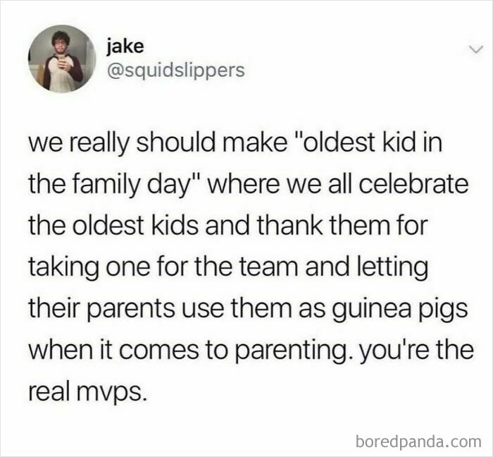 Social media post humor about celebrating oldest kids, relatable shower feels expressing gratitude for their parenting role.
