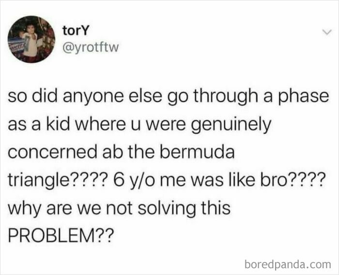 Social media post joking about childhood worries and relatable shower feels humor with Bermuda Triangle concerns.