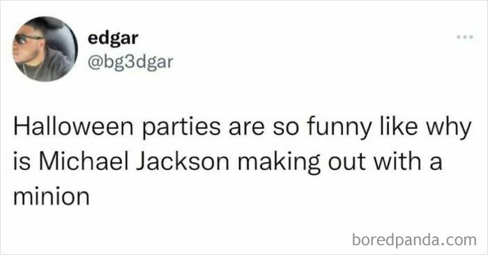 Tweet by Edgar humorously describing strange Halloween party moments, capturing relatable shower feels in everyday life.