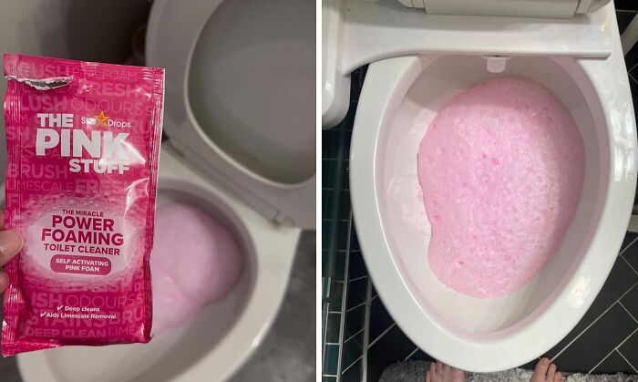 The Pink Stuff power foaming toilet cleaner creating pink foam inside a toilet bowl, popular internet gold product on Amazon.