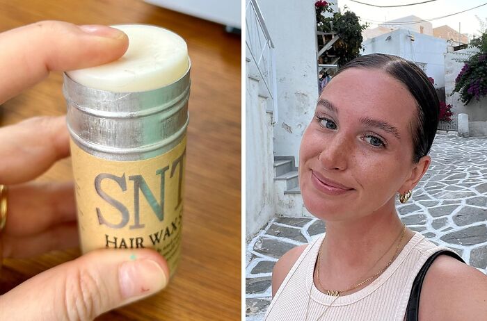 Hand holding a popular internet gold hair wax stick product on Amazon next to a woman with neatly styled hair.